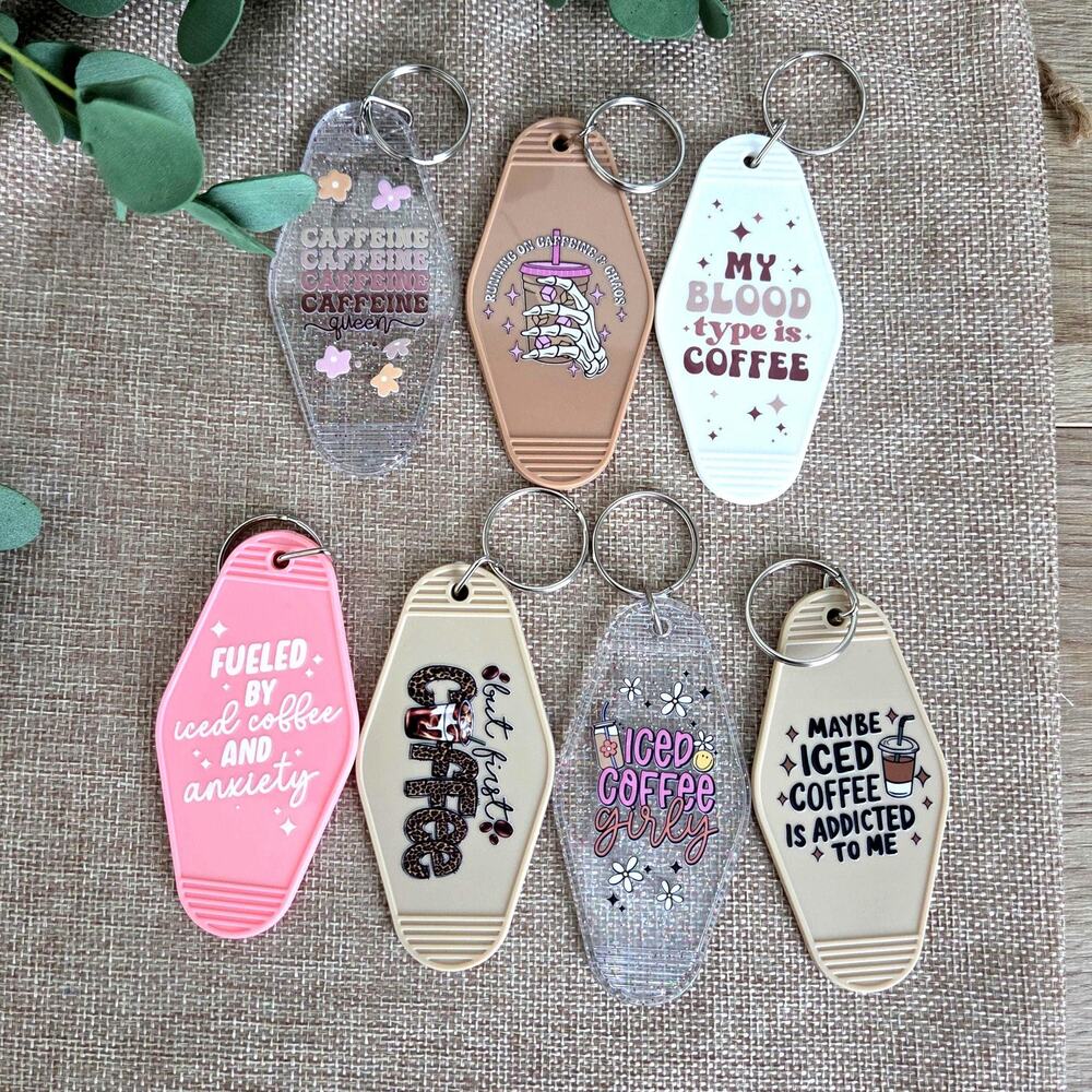 Funny Iced Coffee Motel Keychain Caffeine Gift, Leopard Print Glitter Keyring